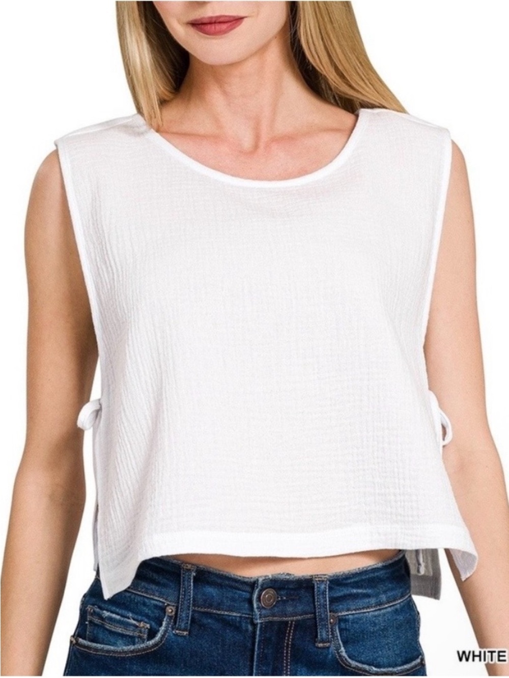 Zenana Outfitters White Gauze Sleeveless Cropped Tank with Side Ties